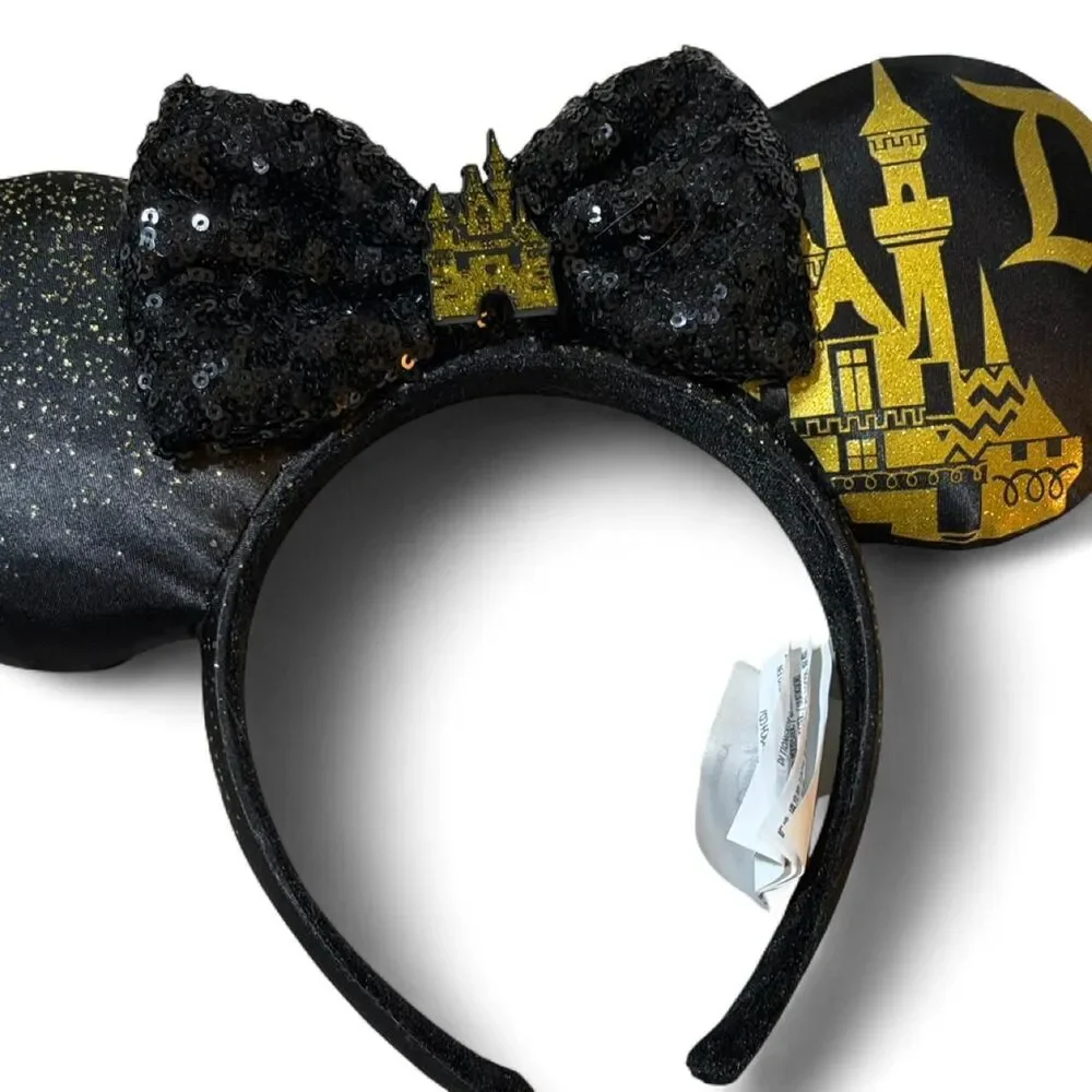 Disney Parks Disneyland Minnie Mouse ears with black glitter and gold castle